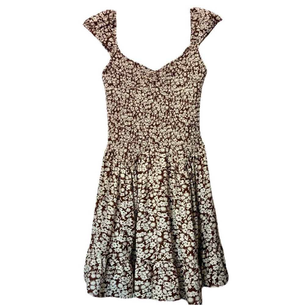 Urban Outfitters Georgina Smocked Mini Dress Floral Brown Spring